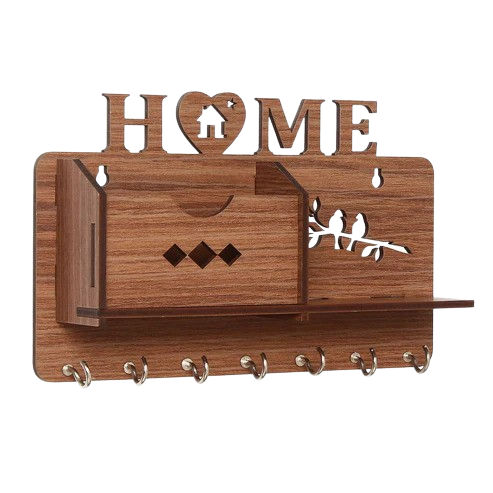 Webelkart Wooden Matte Finish Designer Home Side Wall Shelf, Key Holder with 7 Keys Hooks (Brown)- Home Decor Items, Diwali Decorations Items