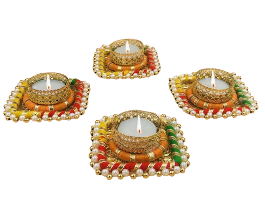 Handmade Square Shape Tealight Candle Holder/ Diya For Diwali Decoration, Set 04, Color-Multi
