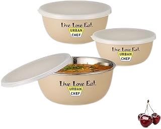 URBAN CHEF Microwave Safe Bowl | 1 Year Warranty | Diwali Gifts, Serving Bowl with Lid, Mixing Bowl, Oven Bowl Set Microwave, Flora Stainless Steel Bowl Set of 3 with 500ml, 800ml & 1250ml (Cream)