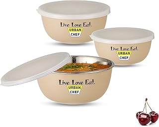 URBAN CHEF Microwave Safe Bowl | 1 Year Warranty | Diwali Gifts, Serving Bowl with Lid, Mixing Bowl, Oven Bowl Set Microwave, Flora Stainless Steel Bowl Set of 3 with 500ml, 800ml & 1250ml (Cream)