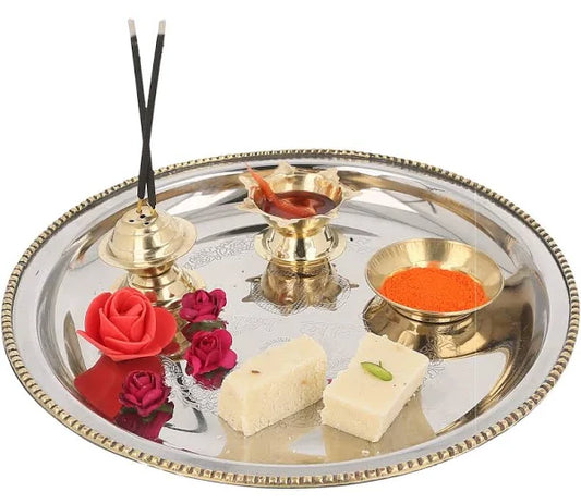 🚛 Estimate Delivery Time Is 5-7 Days In India JaipurCrafts Steel and Brass Puja Thali Set for Diwali Poojan/Pooja Room (Gold, Silver)