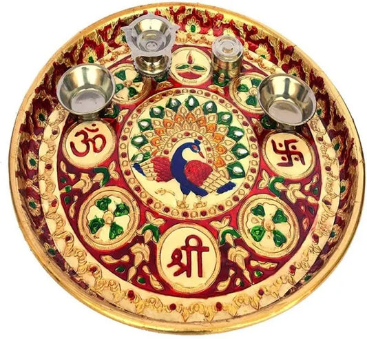 Pooja Thali with Diya for Home and Office Temple and Pooja Aluminium Stainless Steel (1 Pieces, Multicolor, Gold)