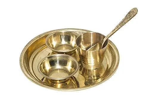 Mandir Pooja Thali Brass with 2 Katori, Glass, 1 Spoon for Home Navratri Temple Use (Golden) Pack of 1