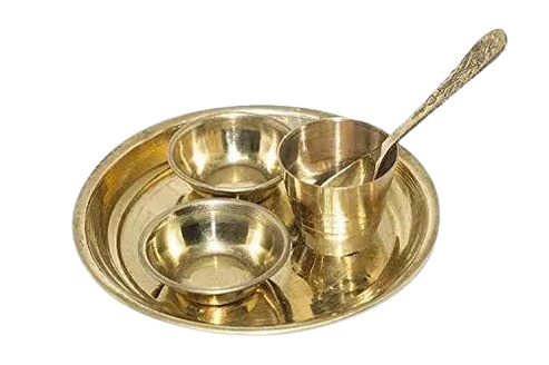 Mandir Pooja Thali Brass with 2 Katori, Glass, 1 Spoon for Home Navratri Temple Use (Golden) Pack of 1