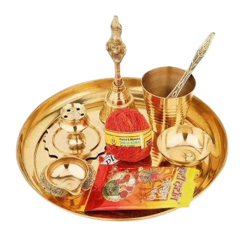 Pure Brass Special Puja Thali Set of 9 Items, for Diwali Poojan/Pooja Room/Diwali Gifting